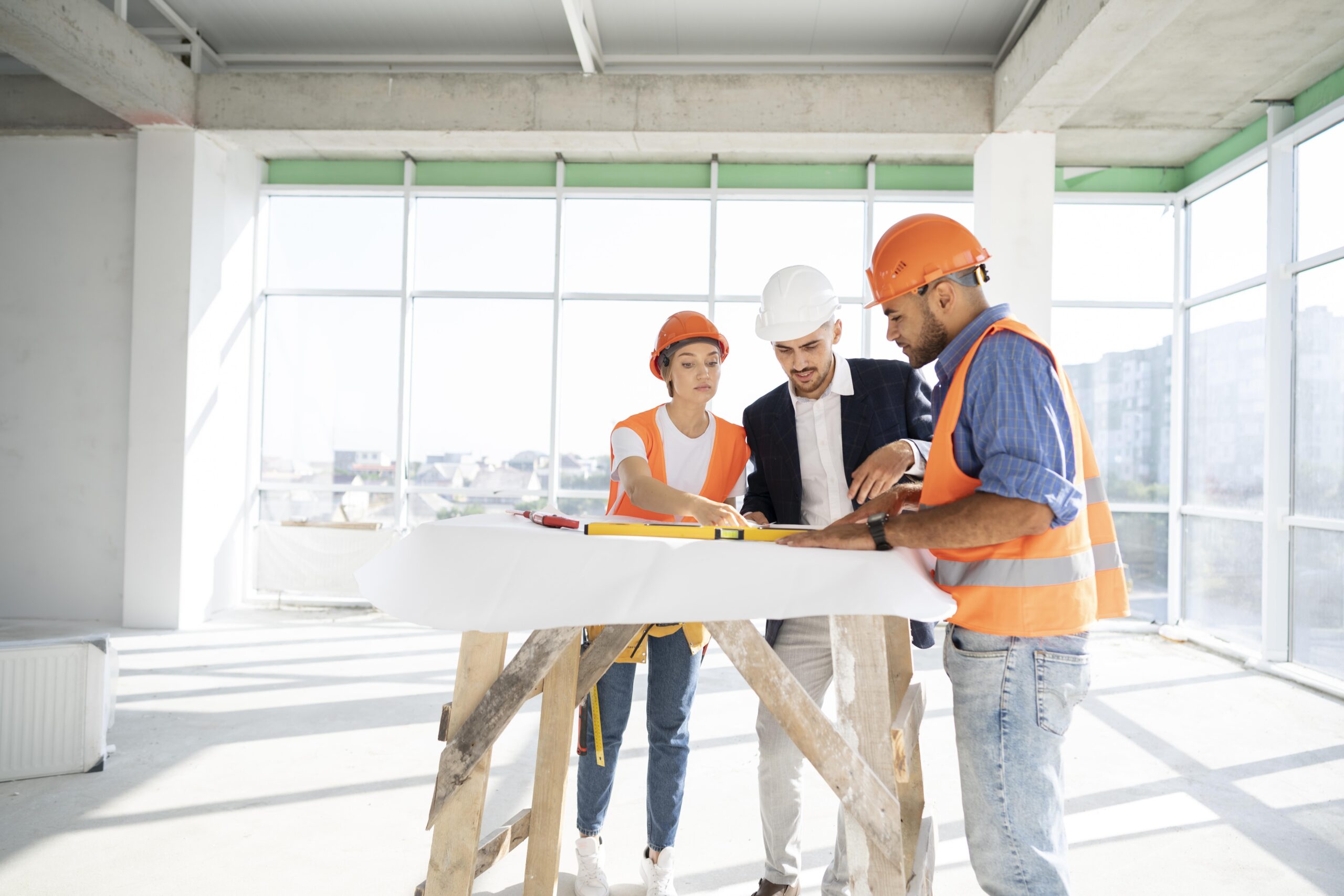 building construction worker site with architect scaled